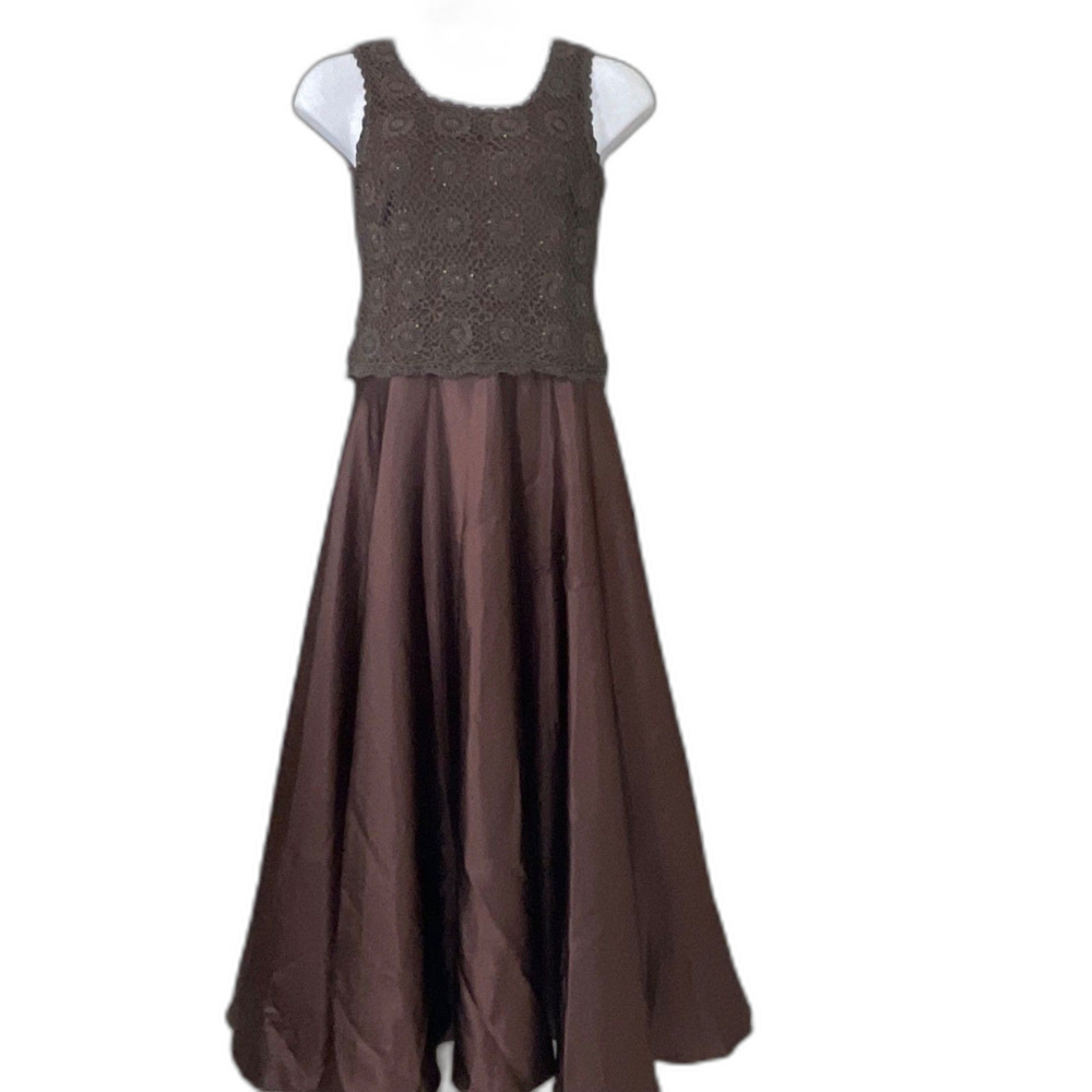 Vintage 90’s Y2K Cachet Formal Maxi Crochet/Satin Beaded Dress Womens 10 Brown
